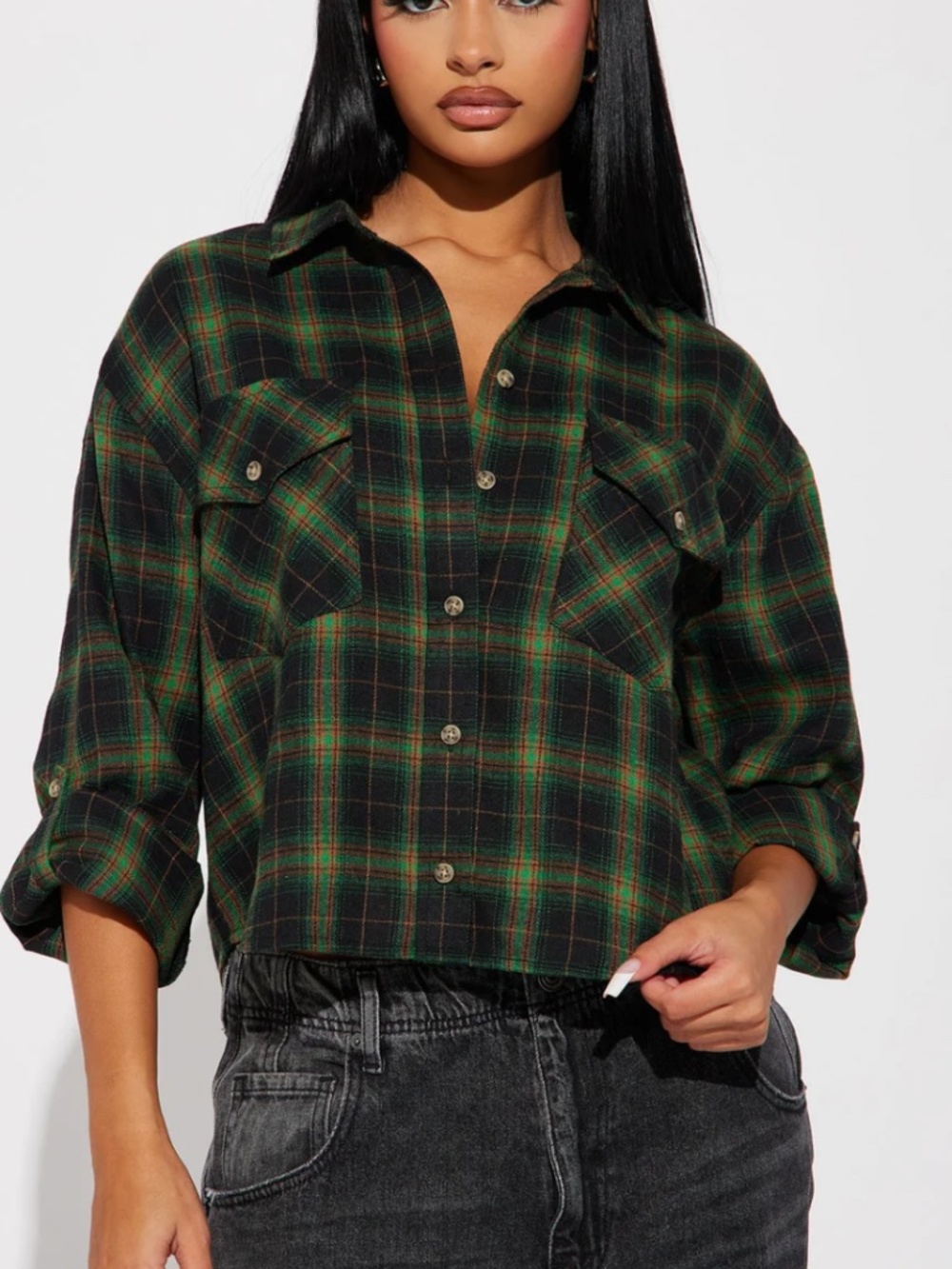 Fashion Nova Plaid Green and Black Button Down